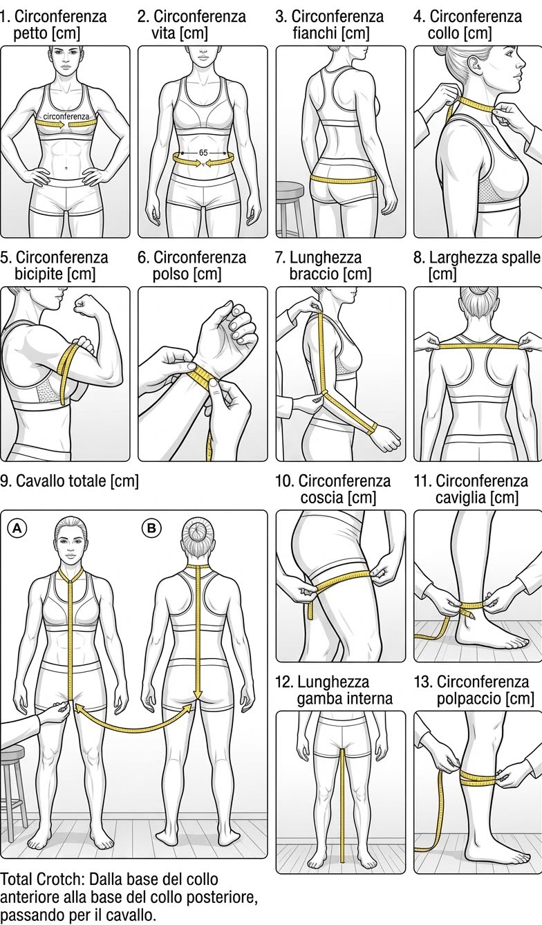 Guida illustrata alle 13 misure del corpo per la tuta: petto, vita, fianchi, collo, bicipite, polso, braccio, spalle, cavallo, coscia, caviglia, interno gamba e polpaccio
